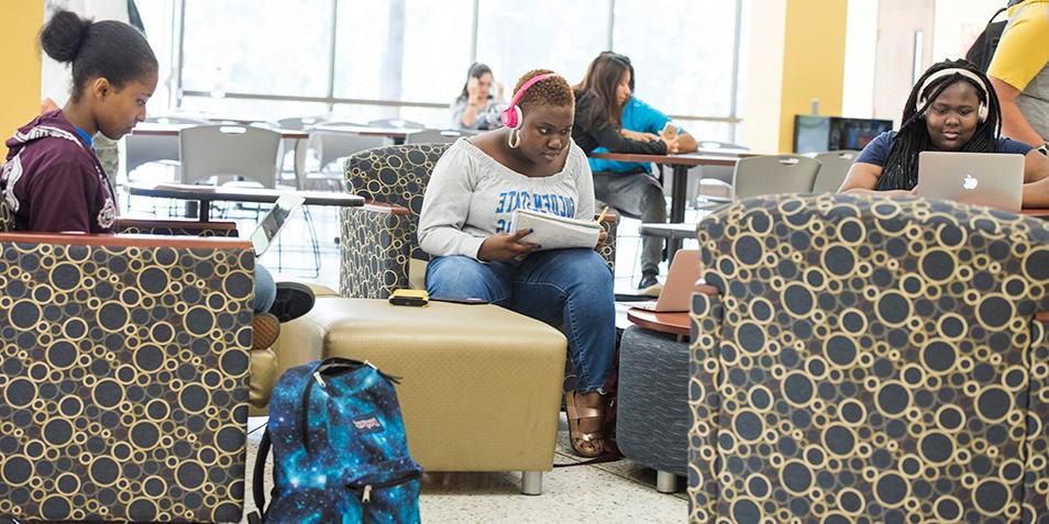 Students working together in student center