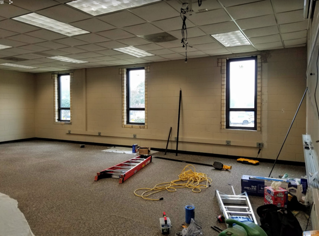 Classroom interior view after window installation