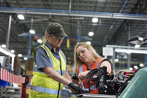 NCMI graduate working with co-worker on machines