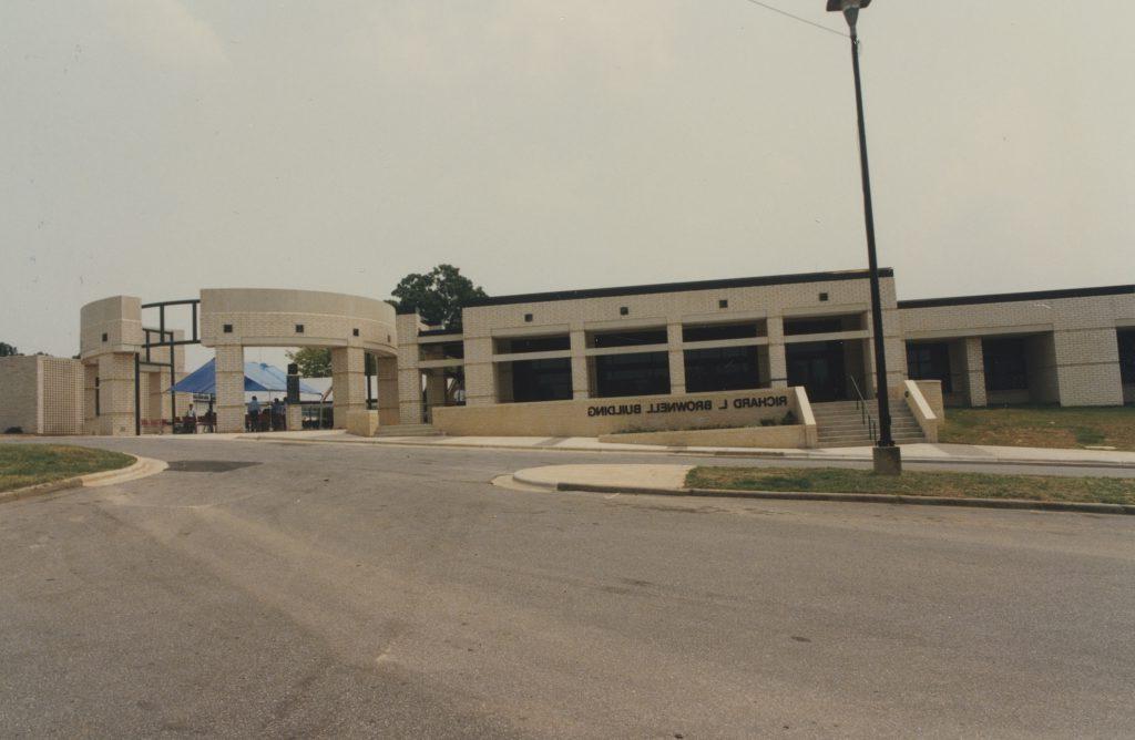 Richard L. Brownell Building at Rowan-Cabarrus Community College with a modern facade and circular courtyard.